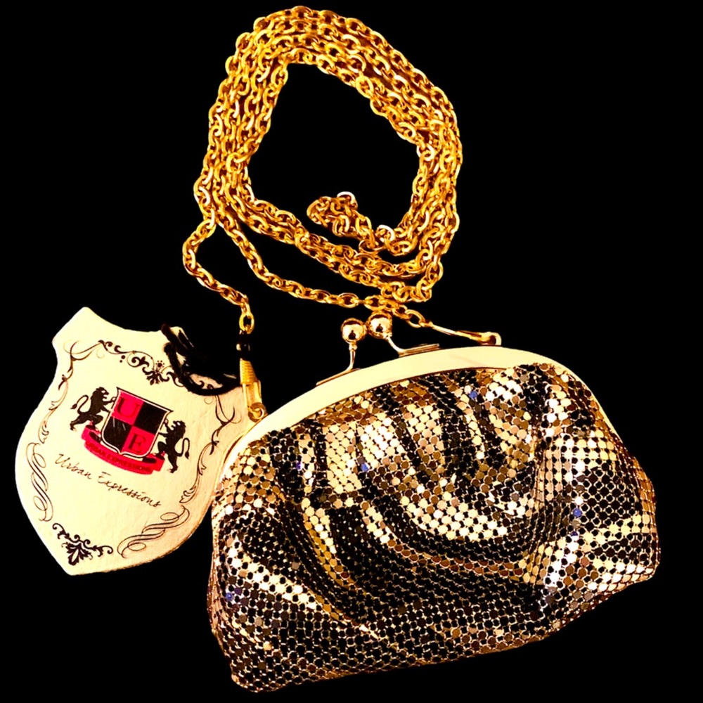 URBAN EXPRESSIONS animal print metallic mesh evening bag black gold vegan NWT - Picture 2 of 9